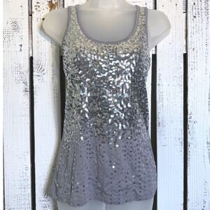 Y2K Diva Gray Silver Sequin Tank Top Womens M Scoop Neck Festive Disco Party Fun